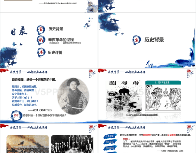 藍色水墨風辛亥革命完整版歷史PPT模板