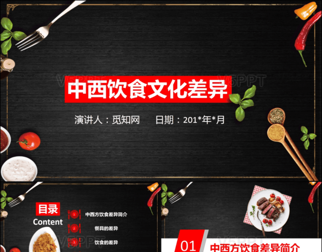 中西方饮食文化差异餐饮美食动态PPT模板