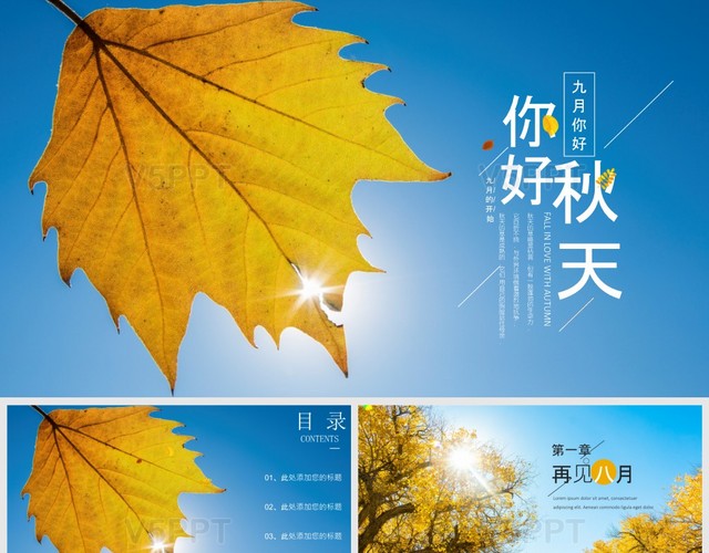 蓝天黄色树叶温暖和煦你好秋天PPT模板