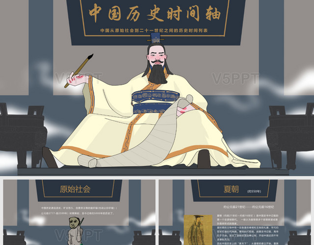 插画风中国历史时间轴课件动态PPT模板