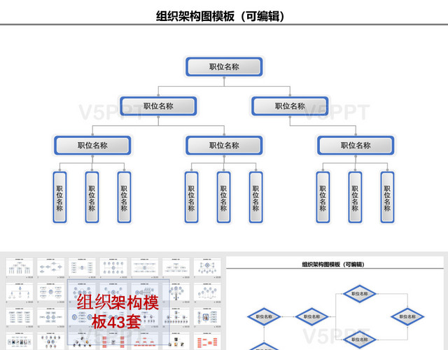 蓝色各类公司部门团队组织架构43套PPT模板