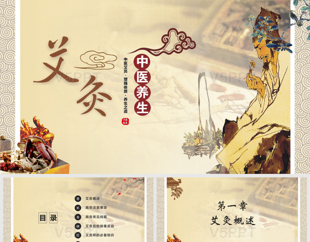 中国风特色中医艾灸中国传统文化中医艾灸养生动态PPT模板