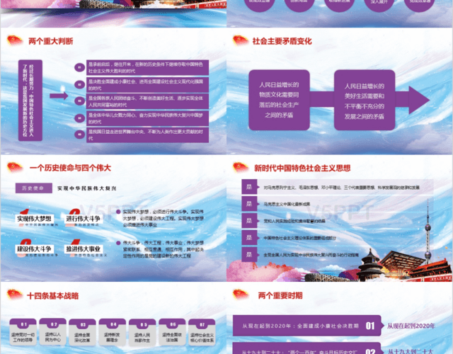 紫色十九大报告重点解读党政党课学习中国梦砥砺五年PPT模板