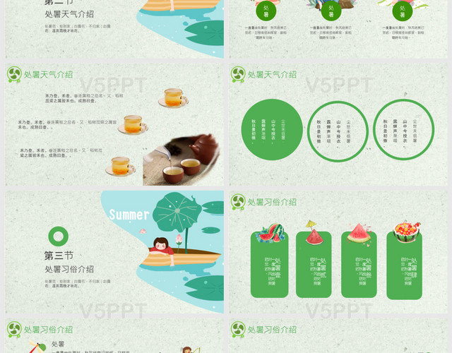 绿色小清新卡通二十四节气之处暑节日介绍PPT模板