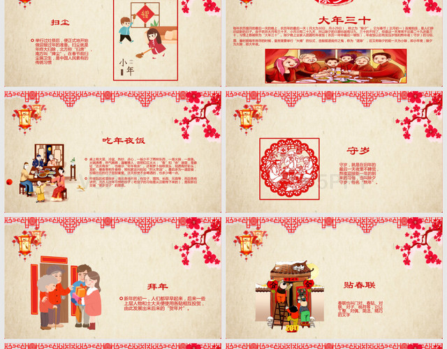 红色中国风剪纸春节传统节日习俗介绍PPT模板