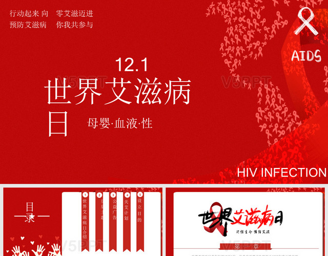 红色简约版国际艾滋病日PPT模板