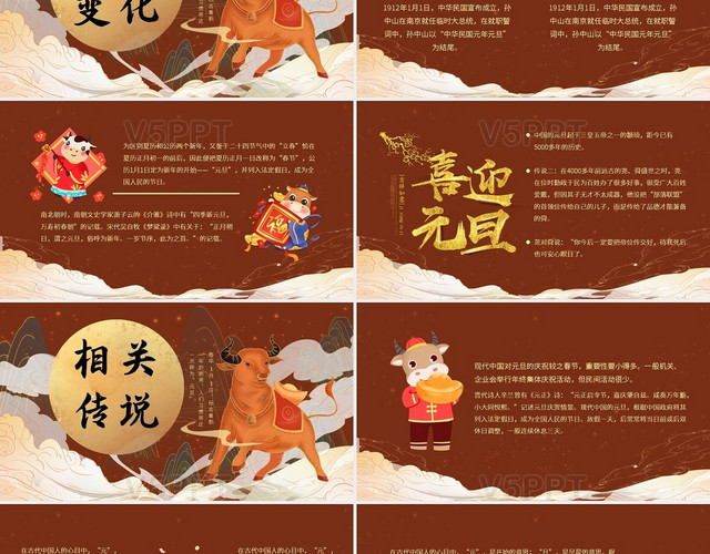 褐色喜庆中国风2021元旦节日介绍PPT模板