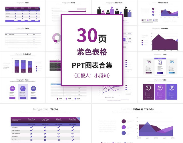 30页紫色表格PPT图表合集PPT模板
